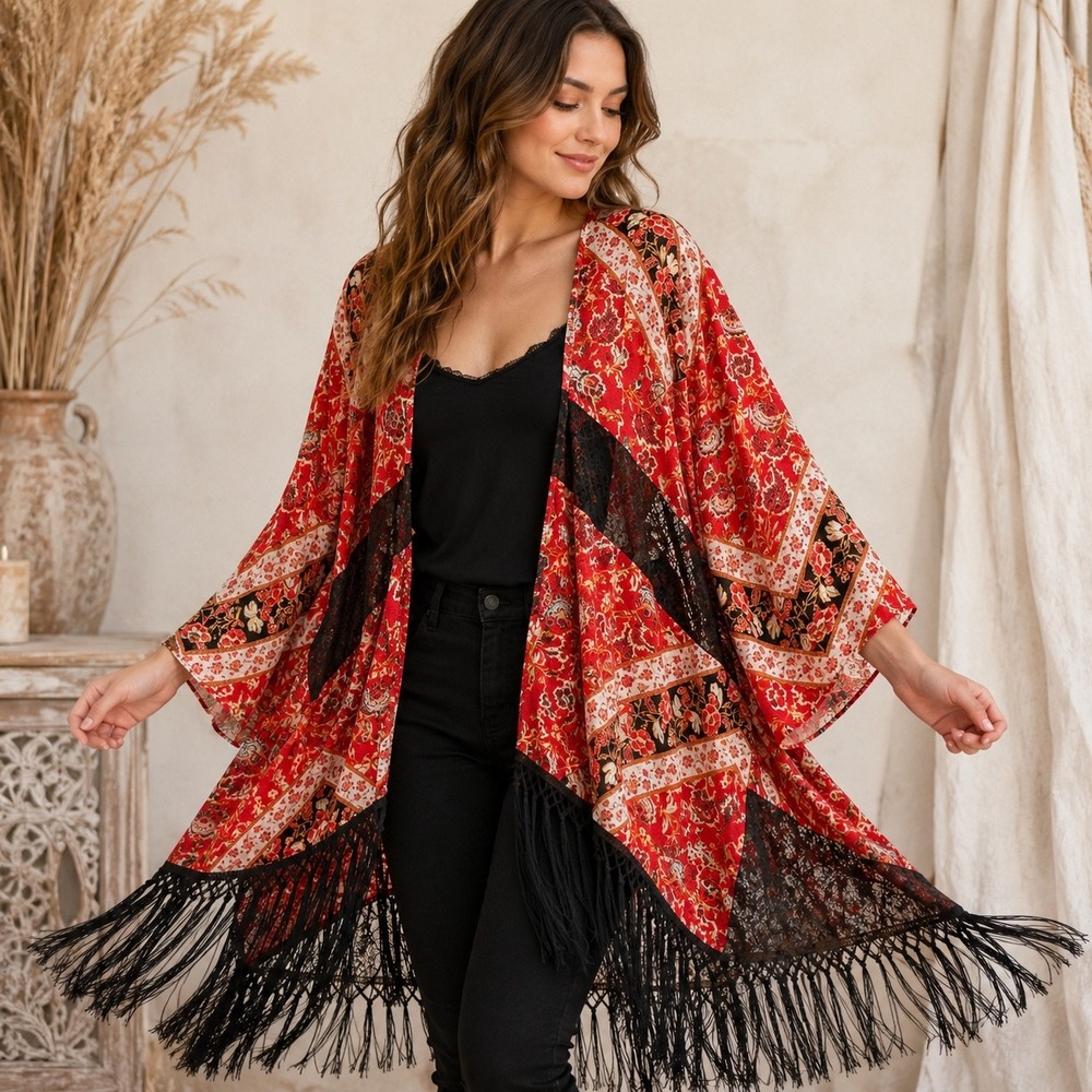 Red Floral Lace Fringe Kimono Wrap Cardigan Boho Fairycore Festival Large